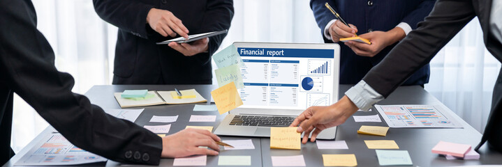 Analyst team use sticky note for creative and analytic brainstorm for business idea with BI data...
