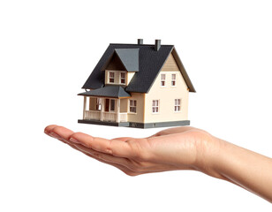  Single Hand Holding a Floating House Model Between Fingers, Angled Artistic Perspective, Isolated