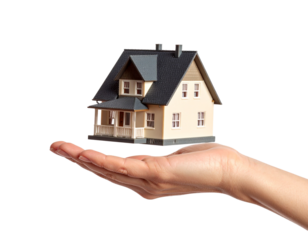 Single Hand Holding a Floating House Model Between Fingers, Angled Artistic Perspective, Isolated