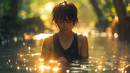 A young boy in a black shirt sits quietly in still, shallow water, reflecting a tranquil moment of solitude, calm energy, and connection with peaceful natural surroundings

