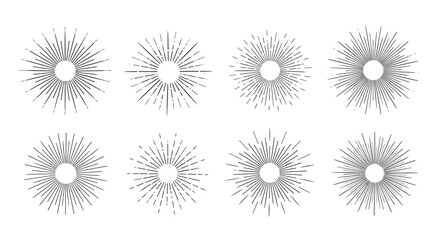 Eight different retro burst starburst elements set isolated on white background vintage style starburst explosion shapes for design