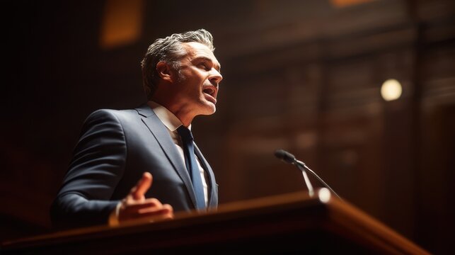 A man in an elegant suit passionately addresses a captivated audience in a historic hall. His expressive gestures emphasize his key points as he conveys a powerful message