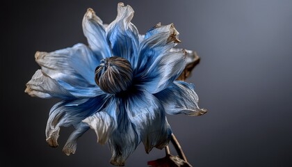 a close up shot of a wilted grey blue flower its petals drooping and losing their vibrant color symbolizing failure and decay the background is a muted somber tone grey defeat
