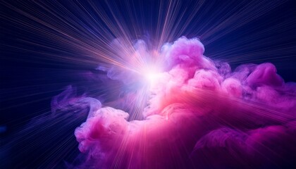 a dramatic burst of pink and purple smoke is illuminated by a focused beam of light against a dark blue background