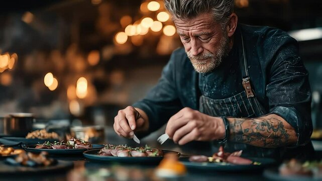 Bearded chef in apron carefully plates food in a warmly lit kitchen focusing on the dish with utensils