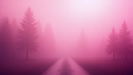 Fototapeten Pink Foggy Forest Landscape with Trees and a Road, Mystical Nature Background © mf2