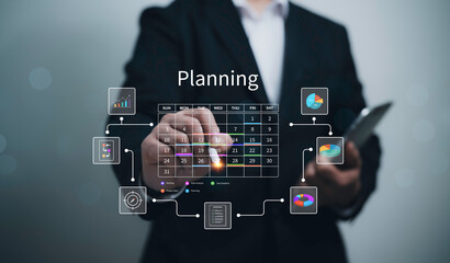 Businessman using smart calendar to plan project timeline task deadline data analysis with dashboard chart pie infographic icon for business strategy workflow and productivity management