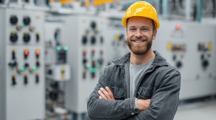 A young man wearing a bright yellow hard hat and a jacket stands with crossed arms in a busy industrial facility filled with machinery and control panels