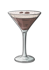 Espresso martini cocktail hand drawn isolated on white background. Vintage sketch of alcoholic drink glass. Colorful party cocktail. Vector illustration
