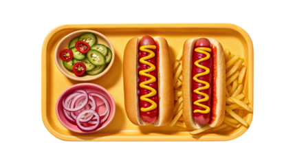 Delicious hot dog meal with mustard, fries, cucumbers, and onions on a yellow tray food photography on transparent background