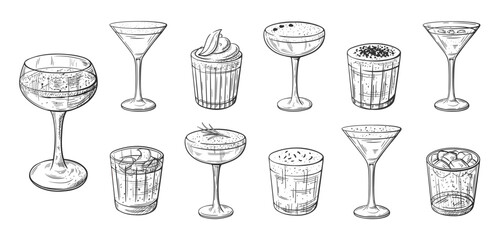 Cocktails and drinks hand drawn set isolated on white background. Vintage sketchs of alcoholic party cocktails. Vector illustration