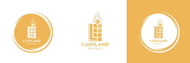Wheat logo vintage set isolated on white background. Round label with ears silhouette. Emblem template for farm with wheat. Vector Illustration