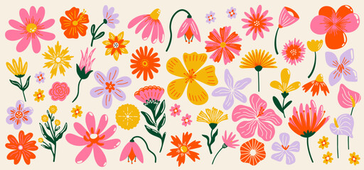 Abstract tropical floral plants shapes vector illustration large set for design. Different types of exotic flowers decorative botanical sticker elements collection in cartoon groovy funky style