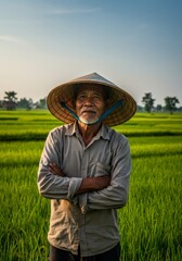 Fototapeta premium Proud Rice Farmer in Vietnam's Lush Paddy Fields