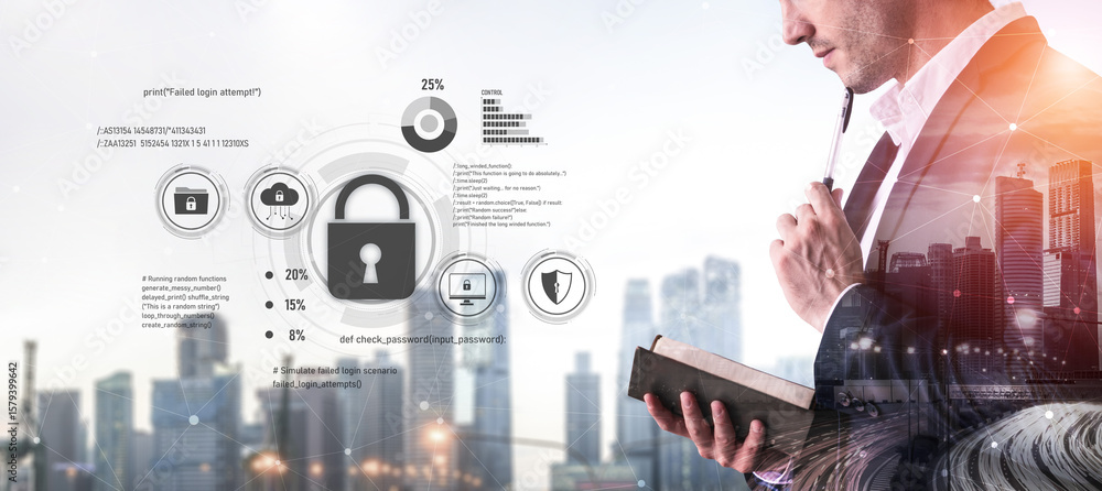 Poster cyber security protects against breaches, hacks, and network attacks using strong infrastructure and