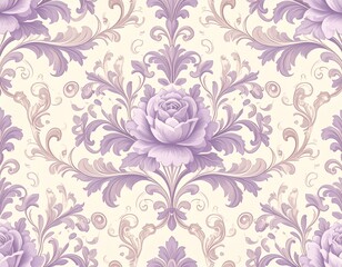 優雅なロココ調フローラルパターン（紫とベージュ） Elegant Rococo Floral Pattern in Purple and Beige