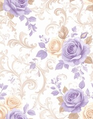 優雅なロココ調フローラルパターン（紫とベージュ） Elegant Rococo Floral Pattern in Purple and Beige