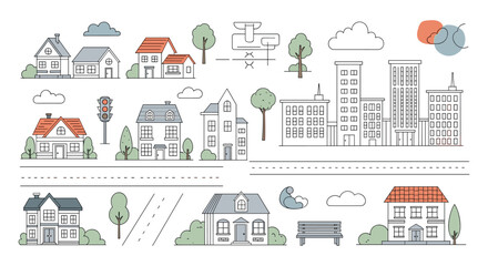 Obraz premium A collection of diverse residential and urban building illustrations showcasing different architectural styles and neighborhoods