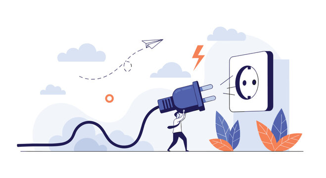 Illustration of a tiny person plugging a large blue electrical cord into a wall socket with lightning bolt above