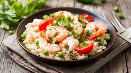 Shrimp and rice dish with herbs and cherry tomatoes