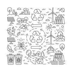 Fototapeta premium Ecology and renewable energy sources in line art style