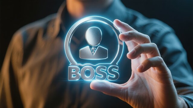 Digital Boss Icon Hologram: Futuristic Leadership Concept, Business Technology, Management