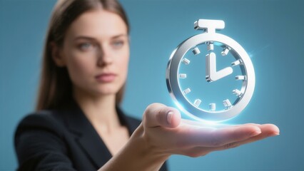 Woman Holding Holographic Stopwatch Time Management Business Concept Efficiency Productivity Modern Technology Professional