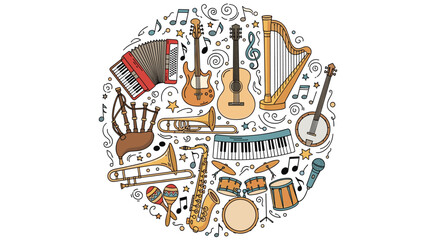 A circular arrangement of various musical instruments and musical notes showcasing a rich symphony of sounds