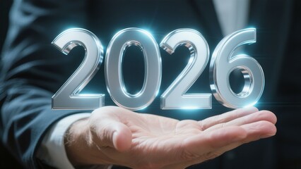 Businessman Presents Holographic 2026: Futuristic Year Concept, Shiny Silver Numbers, Modern Technology, New Year Vision