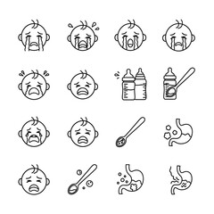Collection of line art icons of crying babies