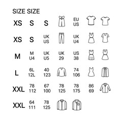 Clothing sizes chart is isolated on white background