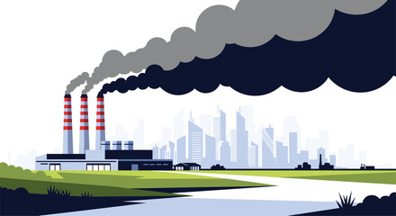 Fototapeta premium Industrial factory smokestacks releasing thick dark smoke into the atmosphere above a city skyline near a river and green fields