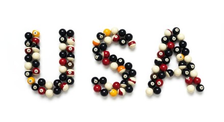 USA Billiards Pool Balls Arrangement - Colorful billiard balls arranged to spell out "USA," symbolizing American sports, leisure, competition, skill, and national pride