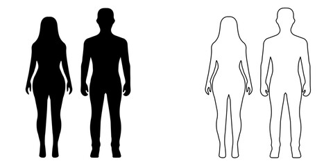 Male and Female Body Silhouette Icons Outline and Solid Vector
