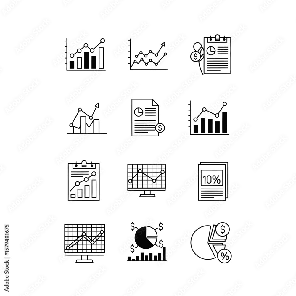 Poster a set of business graph and chart icons isolated on white background