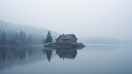 Fototapeta premium Foggy Lake House Retreat: Serene Lakeside Cabin Surrounded by Evergreen Trees and Mist