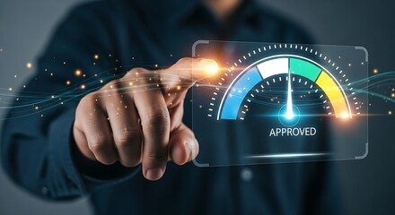 Credit score analysis concept. An analyst's hand points to a holographic credit score meter showing an "Approved" status for loan application.