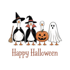 Obraz premium hand drawn illustration Four white geese standing in a row from left to right seen from the front, each wearing a different Halloween themed accessory.