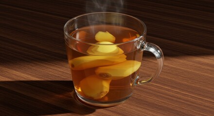 Warm Ginger Tea in Glass Mug - Steaming mug of ginger tea with visible ginger pieces, sitting on a dark wood surface. Perfect for autumn or winter wellness themes