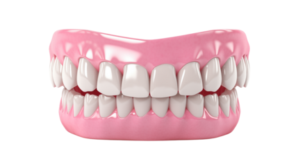 Complete set of dentures on a transparent background for dental care product visuals, ideal for oral health.