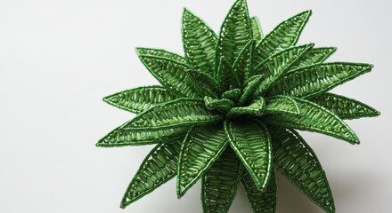 Beaded Plant, Green Succulent, White Background - A handcrafted green succulent plant made of beads, symbolizing nature, artistry, patience, detail, and growth. It sits on a white background