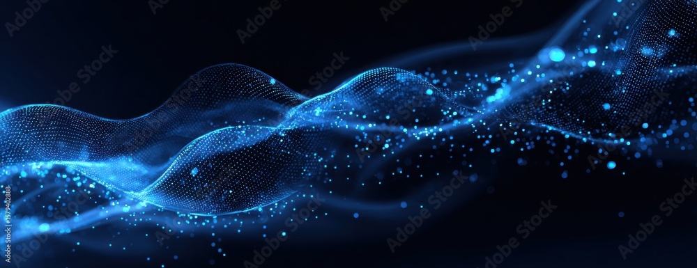 Poster abstract blue background with glowing waves and dots, a technology concept banner design. abstract d
