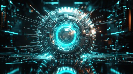 Futuristic Teal Gear Mechanism in a Digital Realm