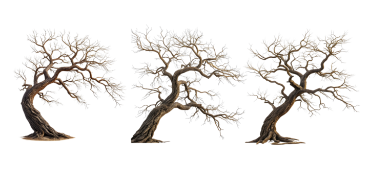Twisted bare winter trees with frosty branches isolated on transparent background.