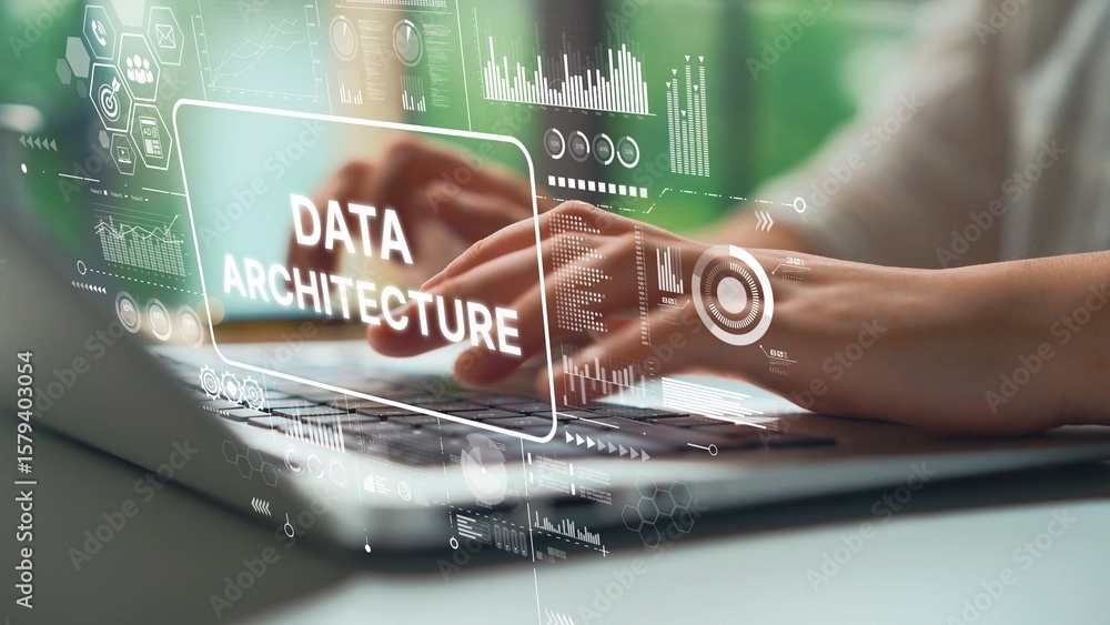 Poster Close-Up View of Hands Typing on Laptop with Data Architecture Graphics and Digital Interface Background. Asymptotic smart data analytic.