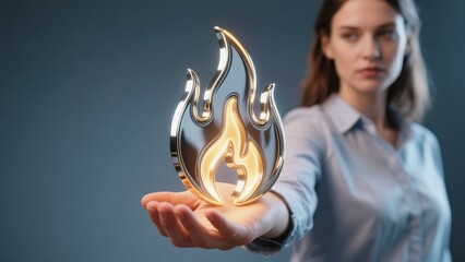 Woman Holding Holographic Silver Flame Icon Futuristic Technology Concept Business Innovation Energy Power
