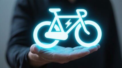 Glowing Electric Bike Icon in Hand: Sustainable Transportation Future, Eco-Friendly Ebike Technology, Clean Energy