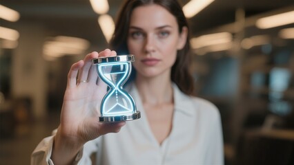Woman Holding Futuristic Hourglass Time Management Concept Modern Business Professional Elegant Office Setting