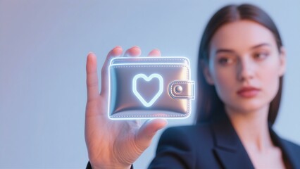 Woman Holding Holographic Silver Wallet with Heart Icon Futuristic Fintech Concept Digital Finance Technology