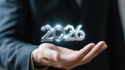 Businessman Holding Holographic 2026: Future Trends Predictions and Strategic Planning for the New Year